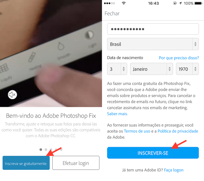 Opção para criar uma conta da Adobe para usar o Photoshop Fix no celular (Foto: Reprodução/Marvin Costa)