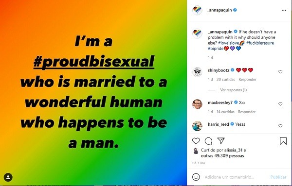 Um dos posts da atriz Anna Paquin respondendo aos ataques sofridos por ela nas redes sociais (Foto: Instagram)