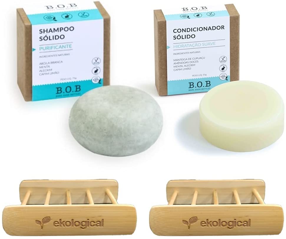 Kit Shampoo Purificante e Condicionador em Barra Hidratação Suave e Saboneteiras de Bambu (Foto: Divulgação)