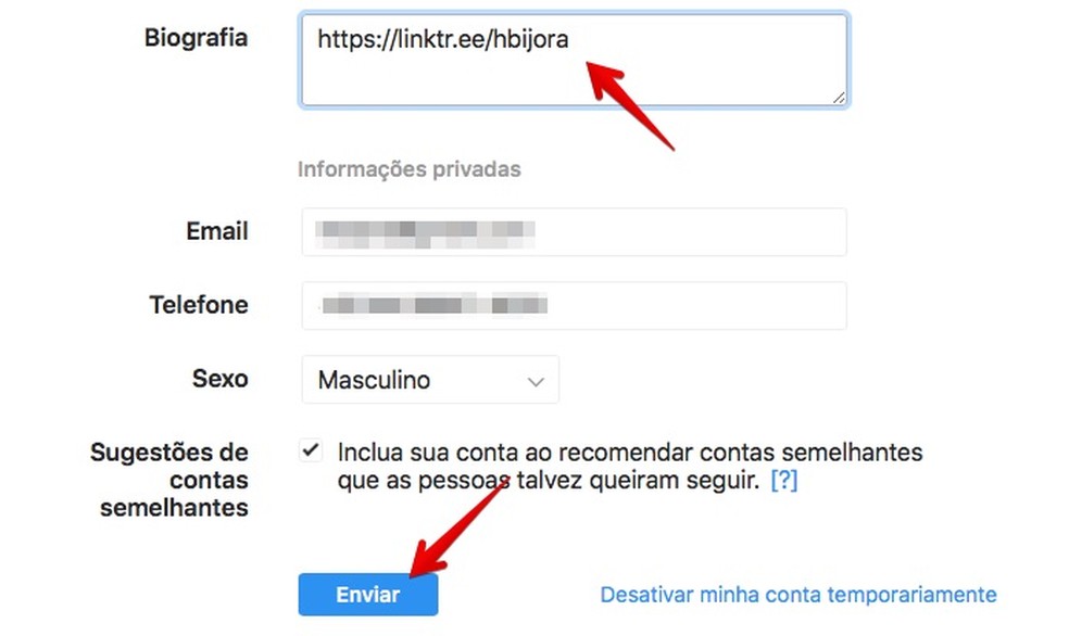 Editando biografia do Instagram (Foto: Reprodução/Helito Bijora)