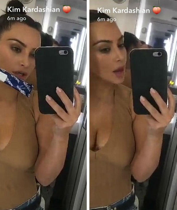 Kim Kardashian com seu teste de gravidez diretamente do banheiro de um avião (Foto: Snapchat)
