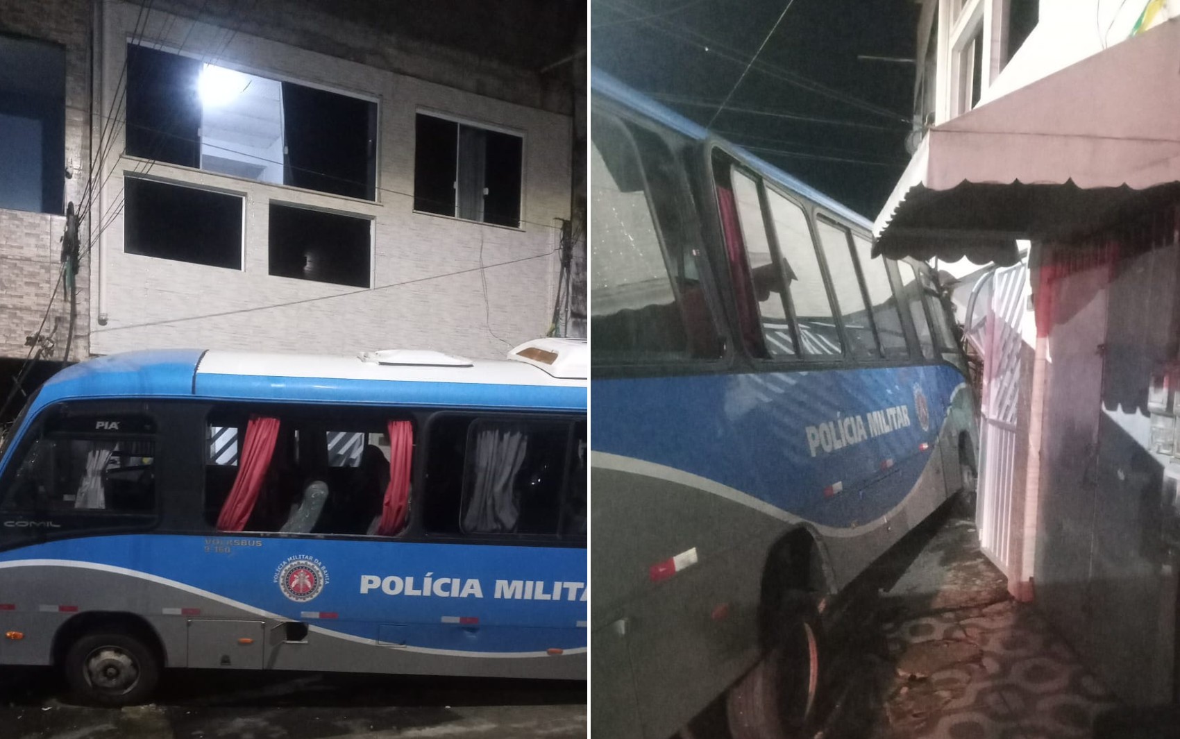 Ônibus da PM tem problema técnico e bate em duas casas, dois carros e uma moto em Salvador