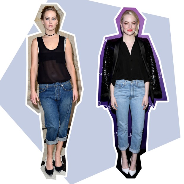 Jeans: Jennifer Lawrence + Emma Stone (Foto: Reprodução e Getty)