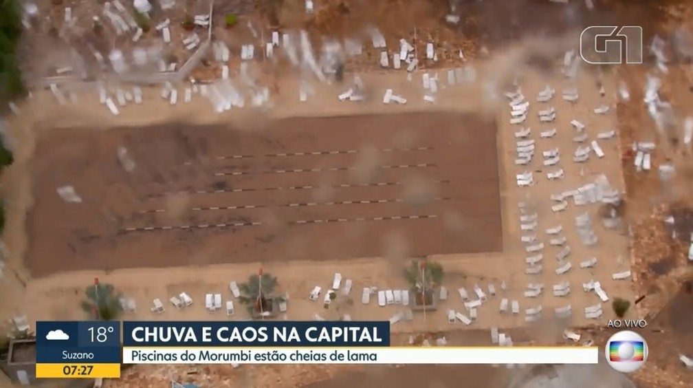 Temporal enche de lama as piscinas do Morumbi, sede social do São Paulo — Foto: Reprodução / TV Globo