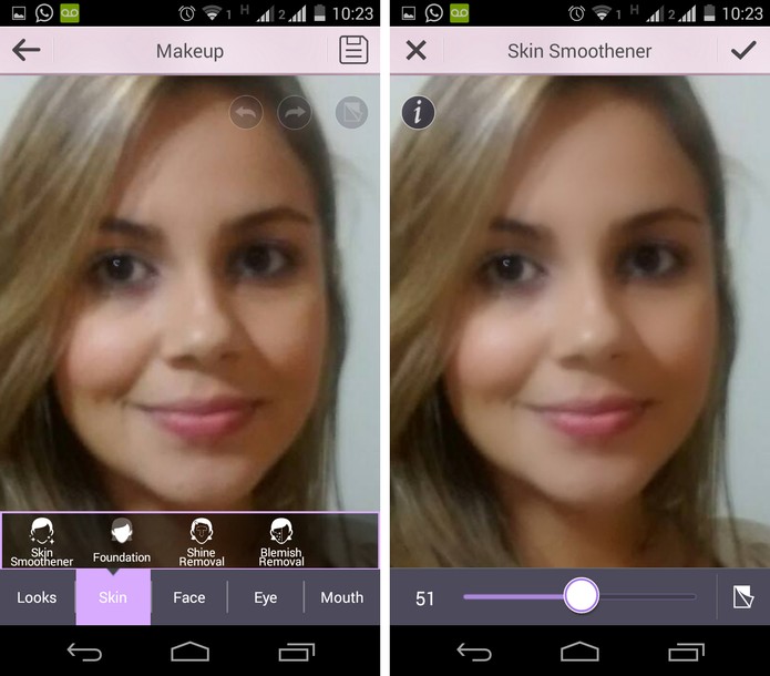 Suavização dos defeitos da pele YouCam Makeup (Foto: Reprodução/ Marcela Vaz)