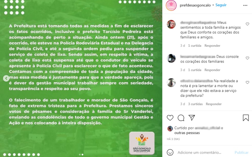 Nota da prefeitura de São Gonçalo dos Campos sobre suspensão da coleta de lixo — Foto: Reprodução/Redes Socais