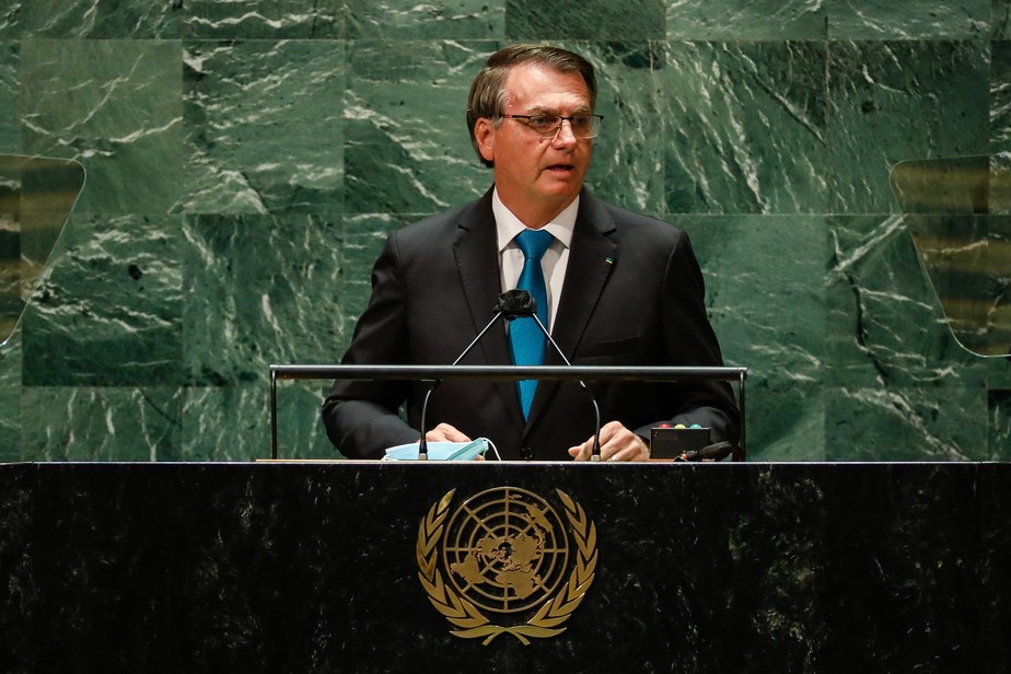 O presidente Jair Bolsonaro discursa na ONU, em 2021