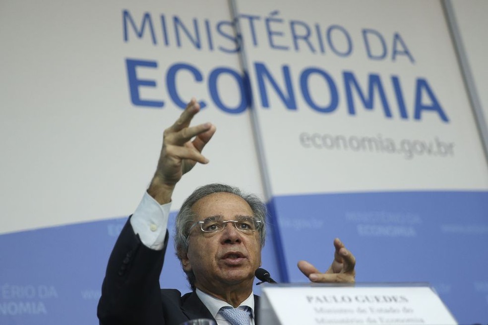 O ministro Paulo Guedes durante abertura de seminário sobre produtividade e crescimento, em Brasília, nesta quarta-feira (29)  — Foto: José Cruz/Agência Brasil