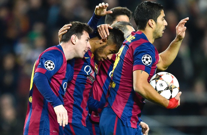 Messi, Neymar e Suarez, Comemoração do Barcelona contra o Sporting (Foto: Getty Images)