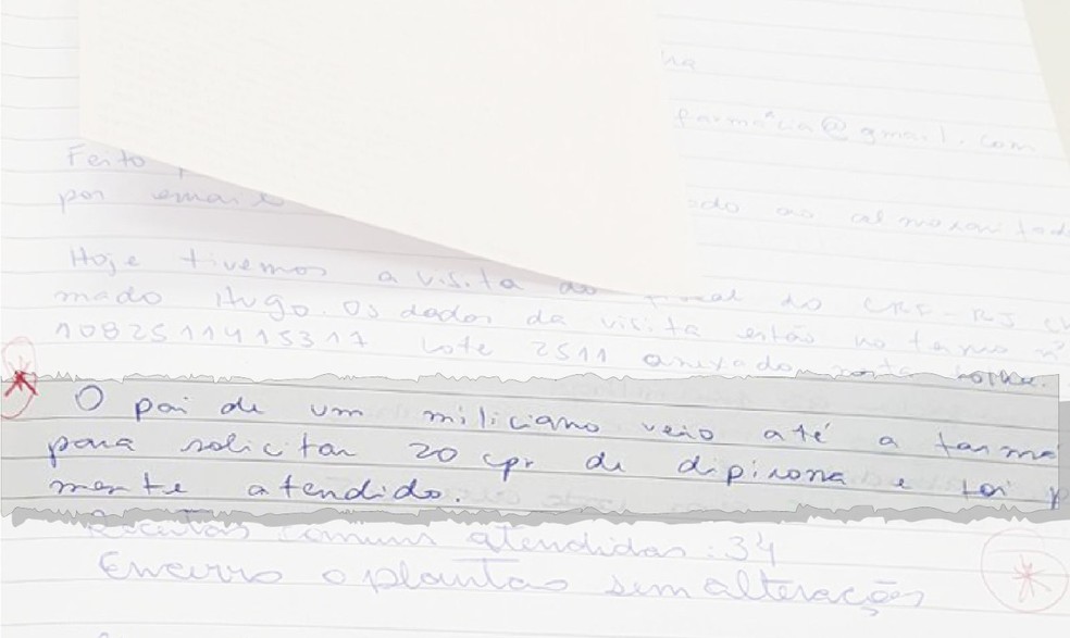 Em anotação de outubro no livro de ocorrências, pai de miliciano foi "prontamente atendido" ao buscar dipirona em posto de saúde (Foto: Reprodução/Arquivo Pessoal)