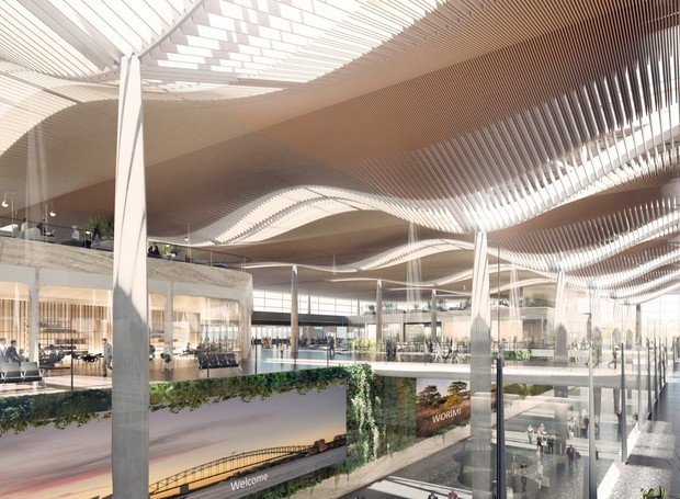 O visual do novo aeroporto de Sydney terá uma identidade regional inconfundível e bem regional, como o paisagismo e tetos de madeira ondulados  (Foto: Reprodução/Dezeen)