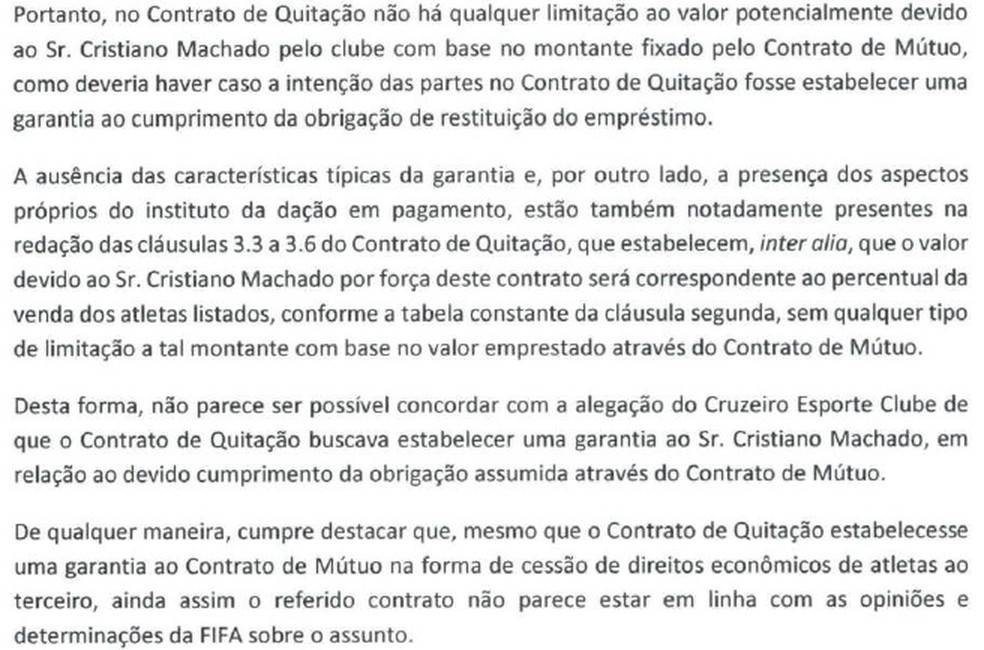 Trecho de relatório de denúncia da CBF sobre o contrato do Cruzeiro — Foto: Reprodução