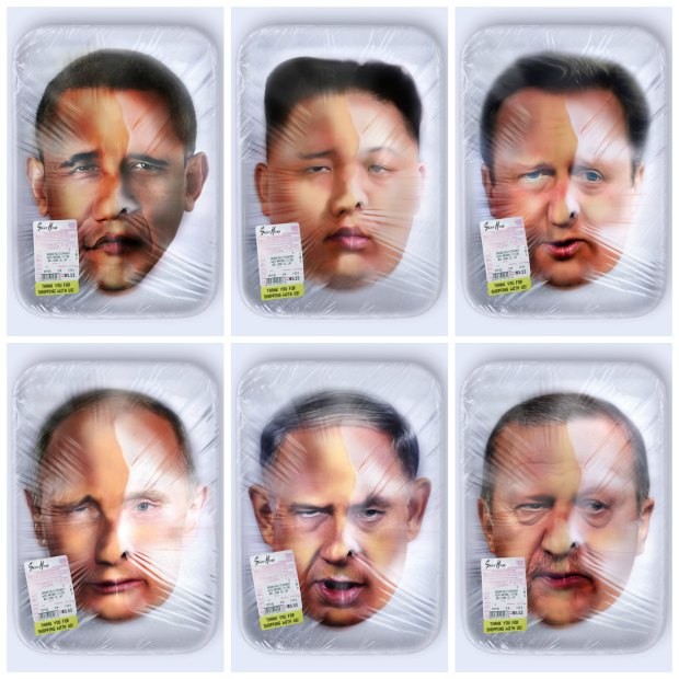 Os rostos de líderes mundiais empacotados, entre eles Barack Obama, Kim Jung-un, David Cameron e Vladimir Putin (Foto: Reprodução / SaintHoax.com)