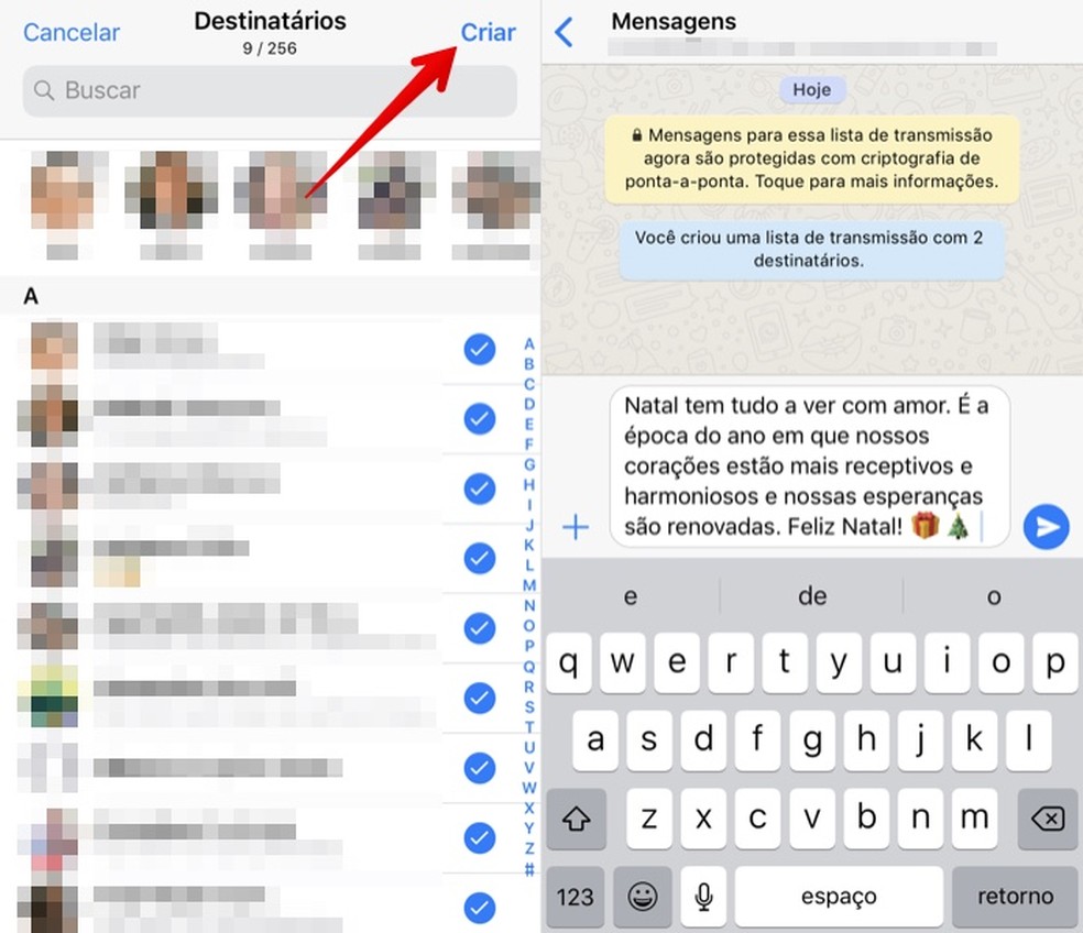 Selecione os contatos e envie a sua mensagem via lista de transmissão no WhatsApp para iPhone — Foto: Reprodução/Helito Beggiora