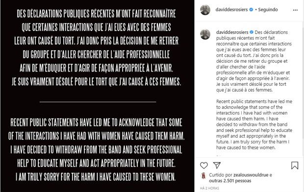  David Desrosiers revela saída do Simple Plan após acusações de assédio (Foto: Reprodução/Instagram)