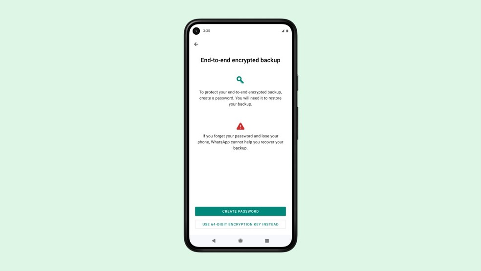 Tela mostra opção de backup com criptografia no WhatsApp — Foto: Divulgação