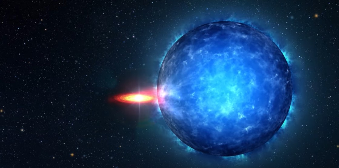 Possível estrela de nêutrons aparece em azul no sistema M51-ULS-1 (Foto: Center for Astrophysics/Ylutube/Reprodução)