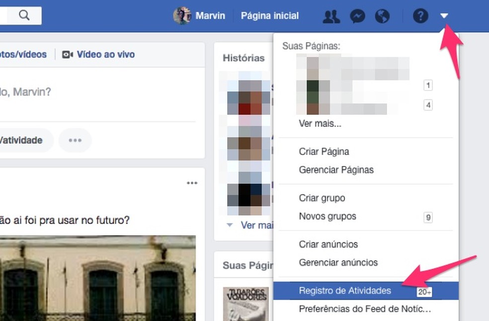 Caminho para acessar o registro de atividades do Facebook para usar a extensão Social Book Post Manager — Foto: Reprodução/Marvin Costa