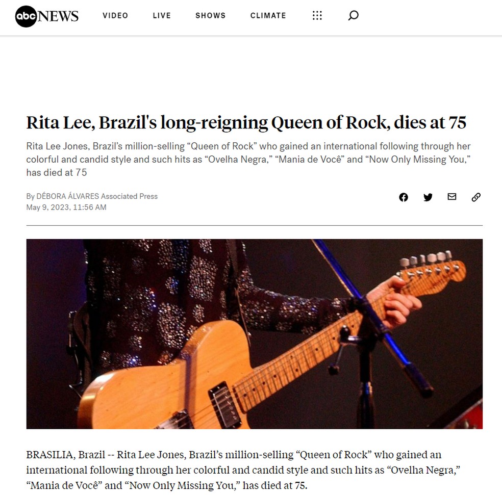 Rita Lee virou manchete na imprensa internacional — Foto: Reprodução