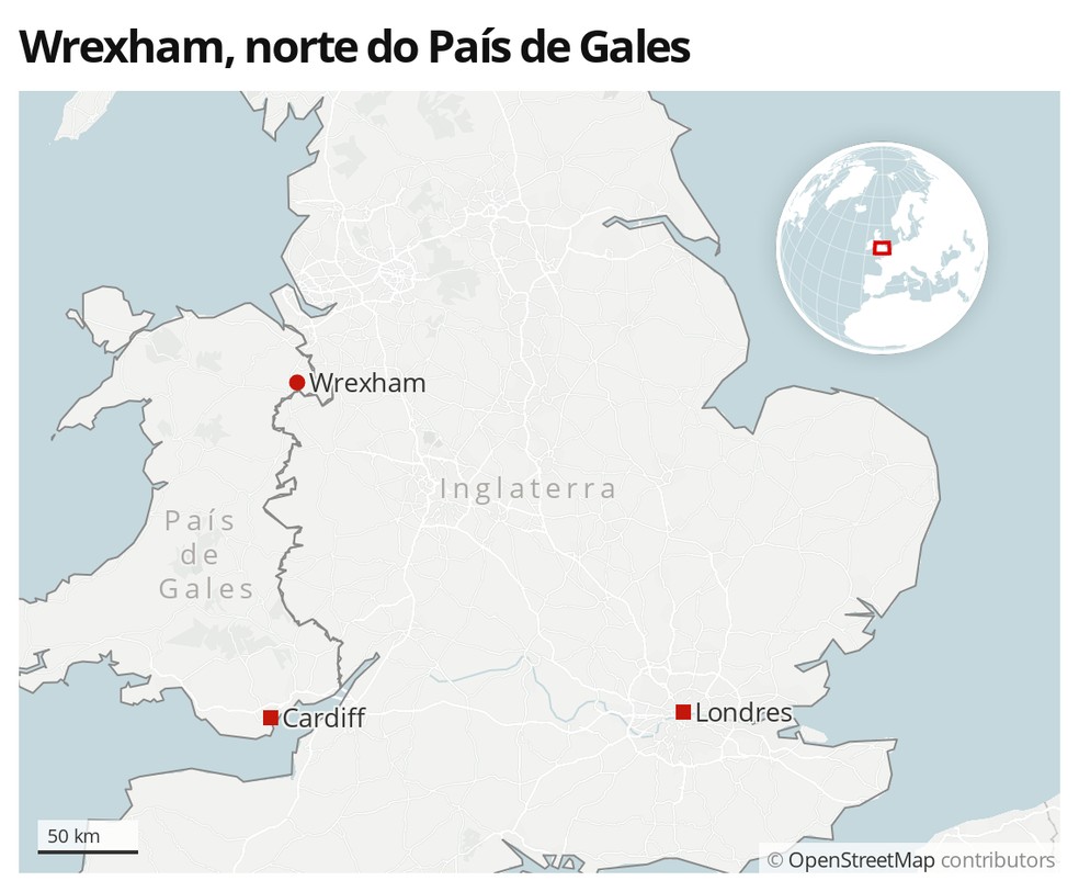 Mapa identifica a área de Wrexham, no norte do País de Gales — Foto: G1 Mundo
