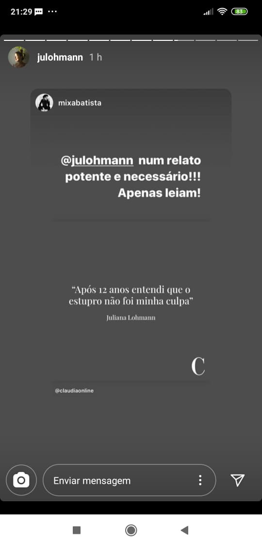 Juliana Lohmann recebe apoio na web após denunciar estupros (Foto: Reprodução/Instagram)