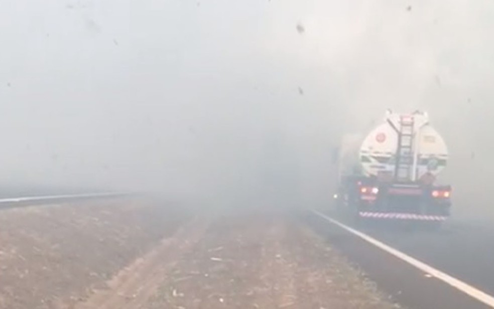 Rodovia Cândido Portinari ficou tomada pela fumaça nesta quarta-feira (19) em Brodowski, SP — Foto: Redes Sociais