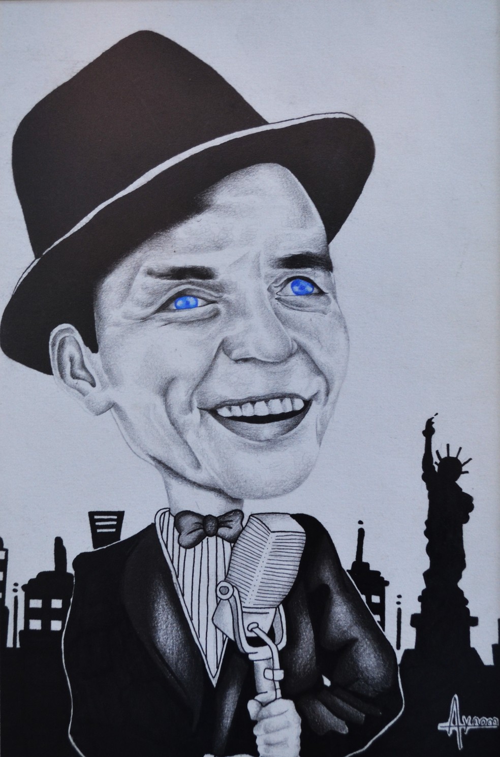Ilustração de Frank Sinatra ganhou o primeiro lugar na categoria 11 a 14 anos do 17º Salãozinho de Humor de Piracicaba, em 2019 — Foto: Rafael Bitencourt/Divulgação