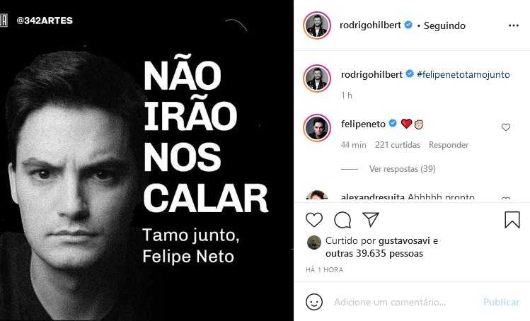 Rodrigo Hilbert presta apoio a Felipe Neto (Foto: Reprodução/Instagram)
