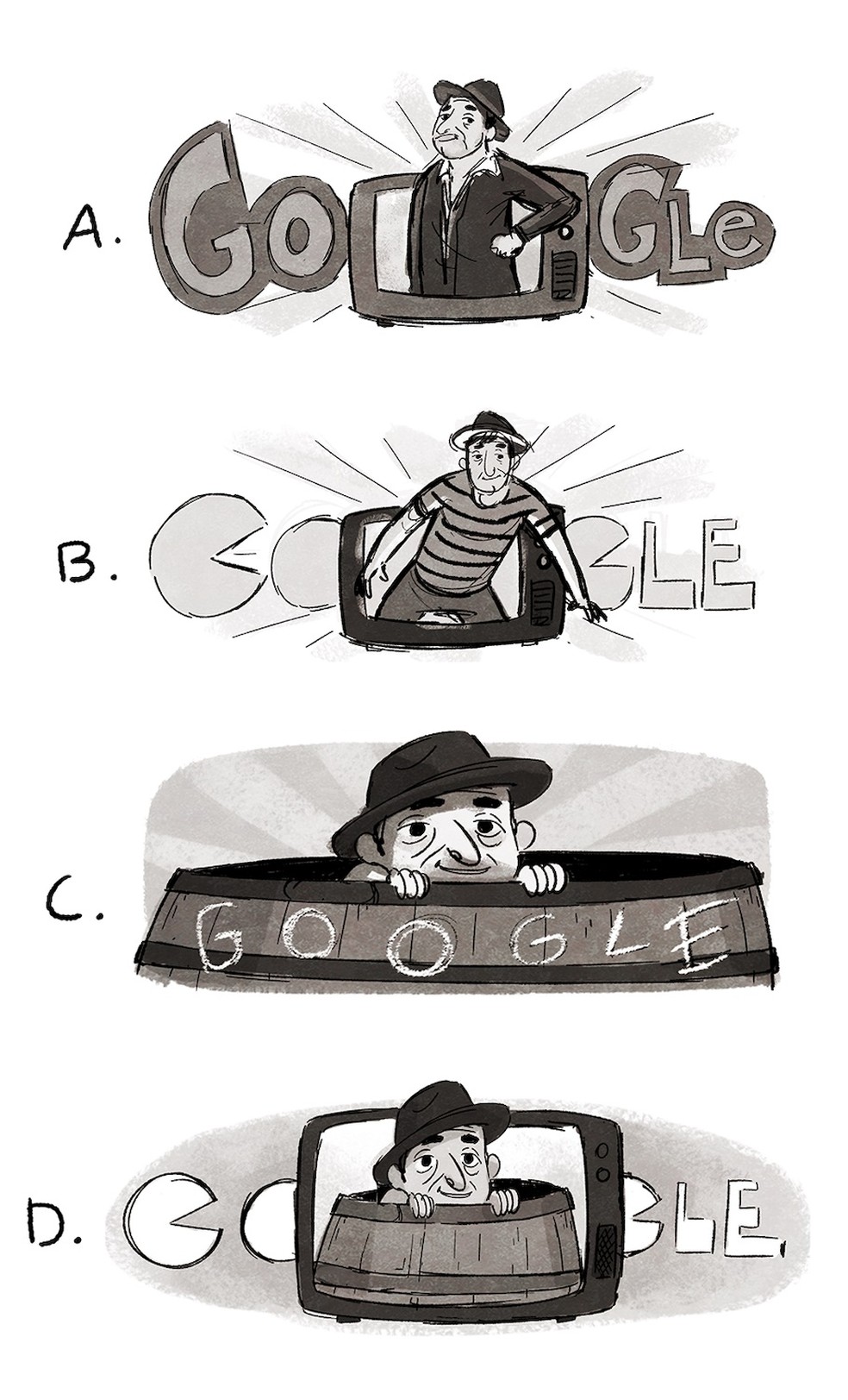 Rascunhos da ilustradora Helene Leroux para criar Doodle de Roberto Bolaños para o Google — Foto: Reprodução/Google