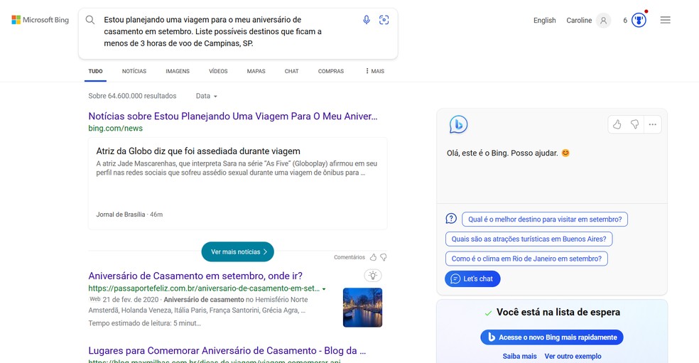 Interface da versão atualizada do Bing com inteligência artificial — Foto: Reprodução/Caroline Silvestre