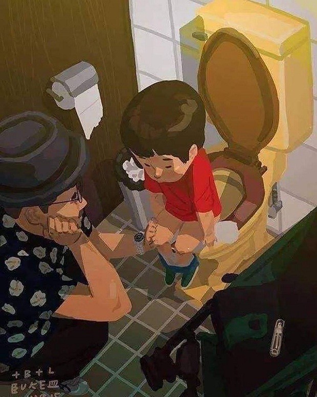 Ilustração em que o pai está agachado ao lado do filho que tenta usar o vaso sanitário (Foto: Reprodução/Facebook)