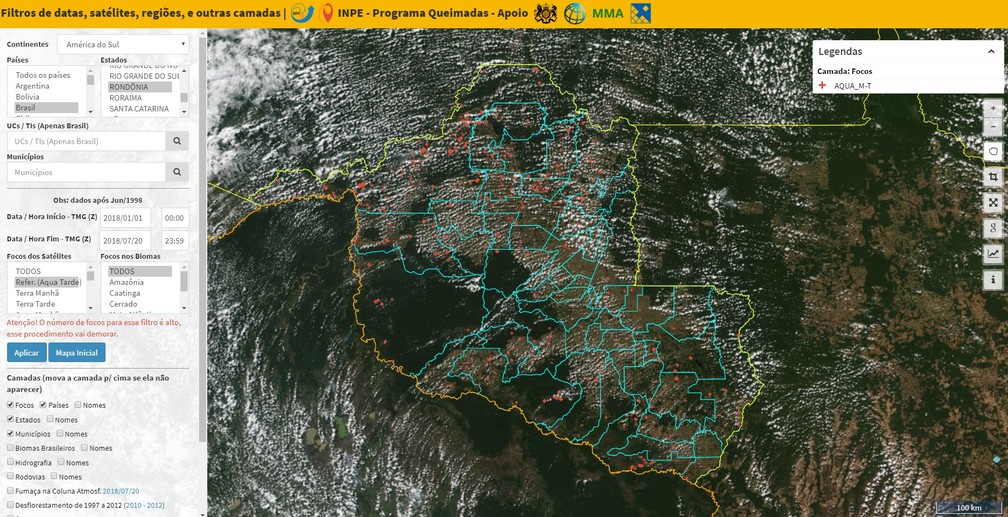 Inpe registra pontos de chamas tanto em tempo real quanto por período escolhido.  (Foto: Reprodução/Google)