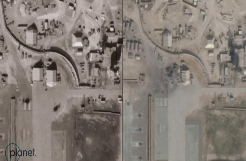 Imagens de satélite mostram antes e depois de ataque iraniano à base aérea de Ain Al-Asad, no Iraque — Foto: Reuters