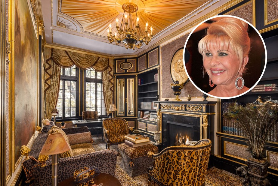 Mansão de Ivana Trump em NY tem biblioteca toda decorada com oncinha e dourado