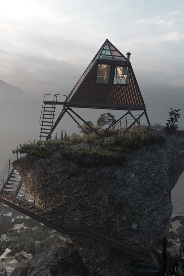 Designer imagina cabine perfeita para o isolamento em rocha à beira-mar (Foto: Divulgação / Thilina Liyanage)