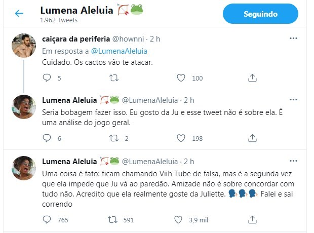 Tweets de Lumena (Foto: Reprodução/Twitter)
