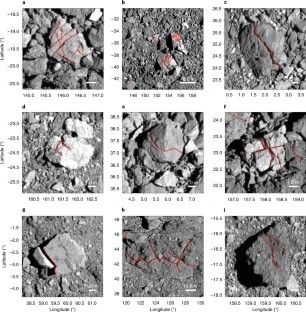Verificação da identificação da fratura ( em vermelho)  por imagens de maior resolução espacial e mapeamento independente. (Foto: NASA/Goddard/Universidade do Arizona)
