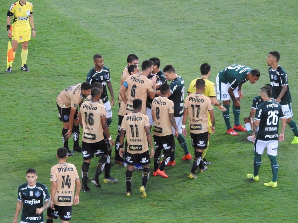Zagueiro santista e meio-campista palmeirense se desentenderam em clÃ¡ssico na arena â€” Foto: Felipe Zito