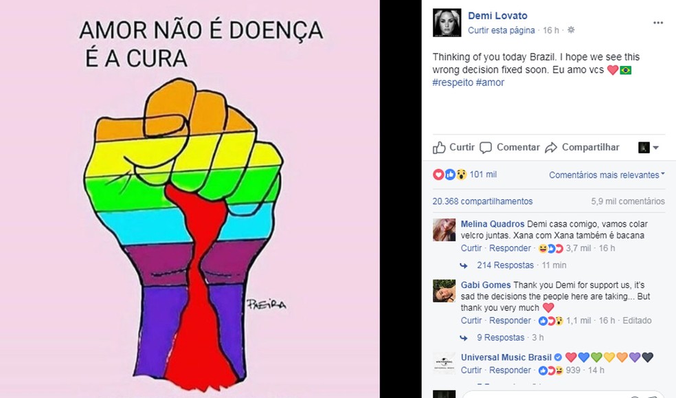 Cantora teen Demi Lovato se manifesta contra 'cura gay'. (Foto: Reprodução/Facebook/Demi Lovato)