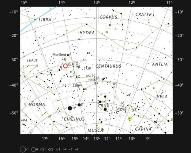 Mapa mostra a localização da estrela PDS 70 e do novo planeta na constelação de Centauro (Foto: ESO, IAU E SKY & TELESCOPE / REPRODUÇÃO)