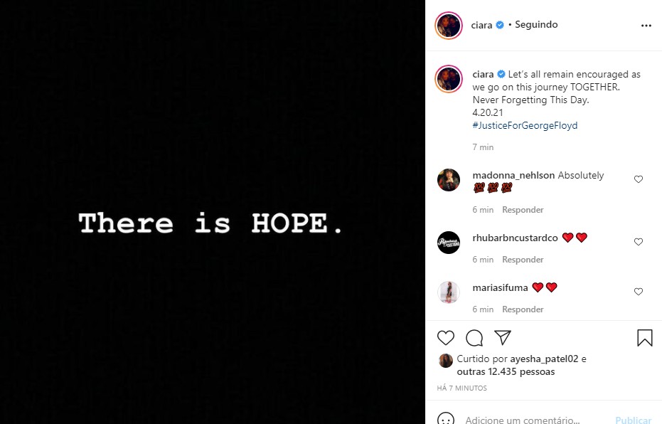 A reação de Ciara a veredito do caso Geoge Floyd (Foto: Reprodução Instagram)