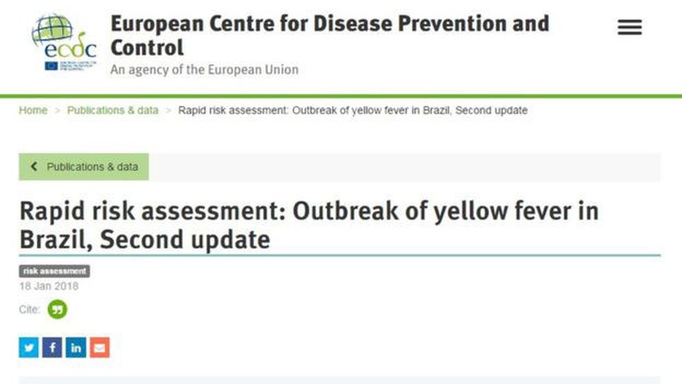 Alerta na página do Centro Europeu para Prevenção e Controle de Doenças (Foto: Reprodução/ECDC)