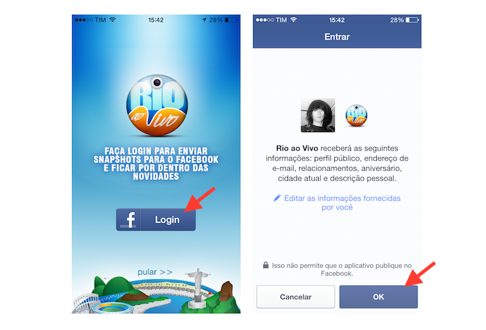 Vinculando uma conta do Facebook ao aplicativo Rio ao Vivo (Foto: Reprodução/Marvin Costa)