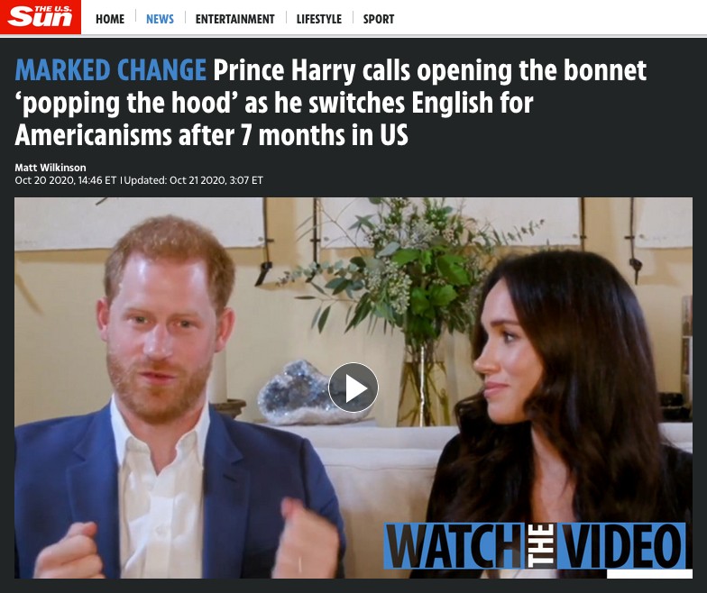 A matéria do jornal britânico The Sun criticando oa expressão típica do inglês praticado nos EUA na fala do Príncipe Harry (Foto: Reprodução)