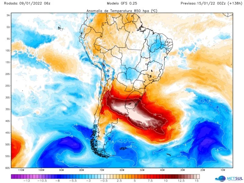 Mapa divulgado pela MetSul aponta calor extremo para os próximos dias no sul do Brasil e no centro da América do Sul (Foto: METSUL)