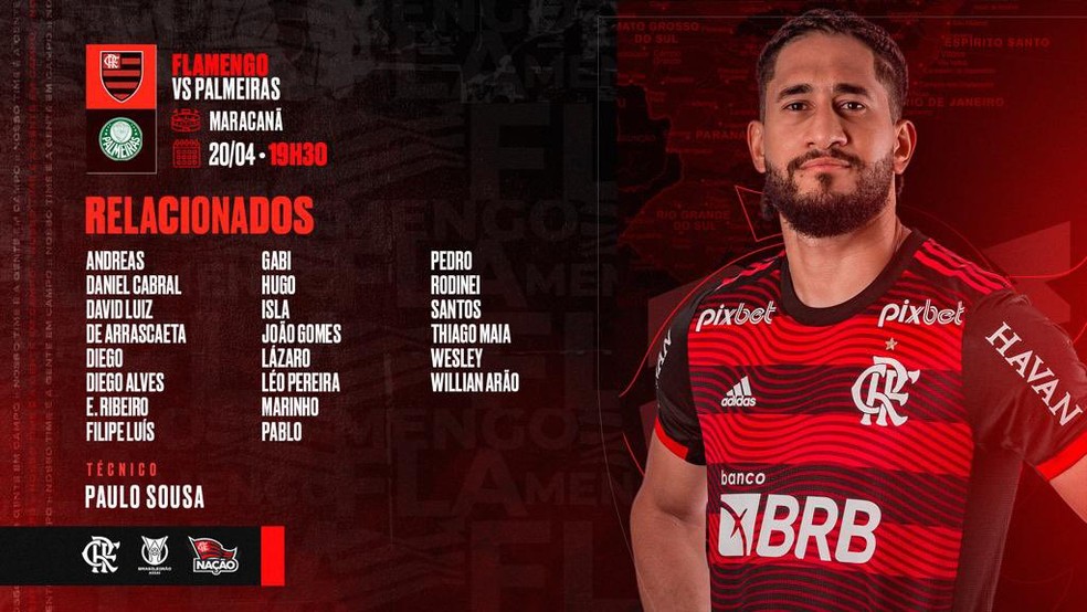 Relacionados do Flamengo para o jogo com o Palmeiras — Foto: CRF