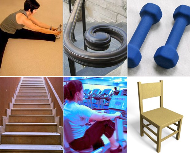 Escada, corrimão, cadeira: use alternativas dentro de casa para se exercitar (Foto: Mais Você / TV Globo)