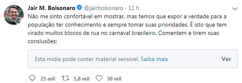 TuÃ­te do presidente Jair Bolsonaro sobre os blocos de rua do carnaval â€” Foto: ReproduÃ§Ã£o/Twitter