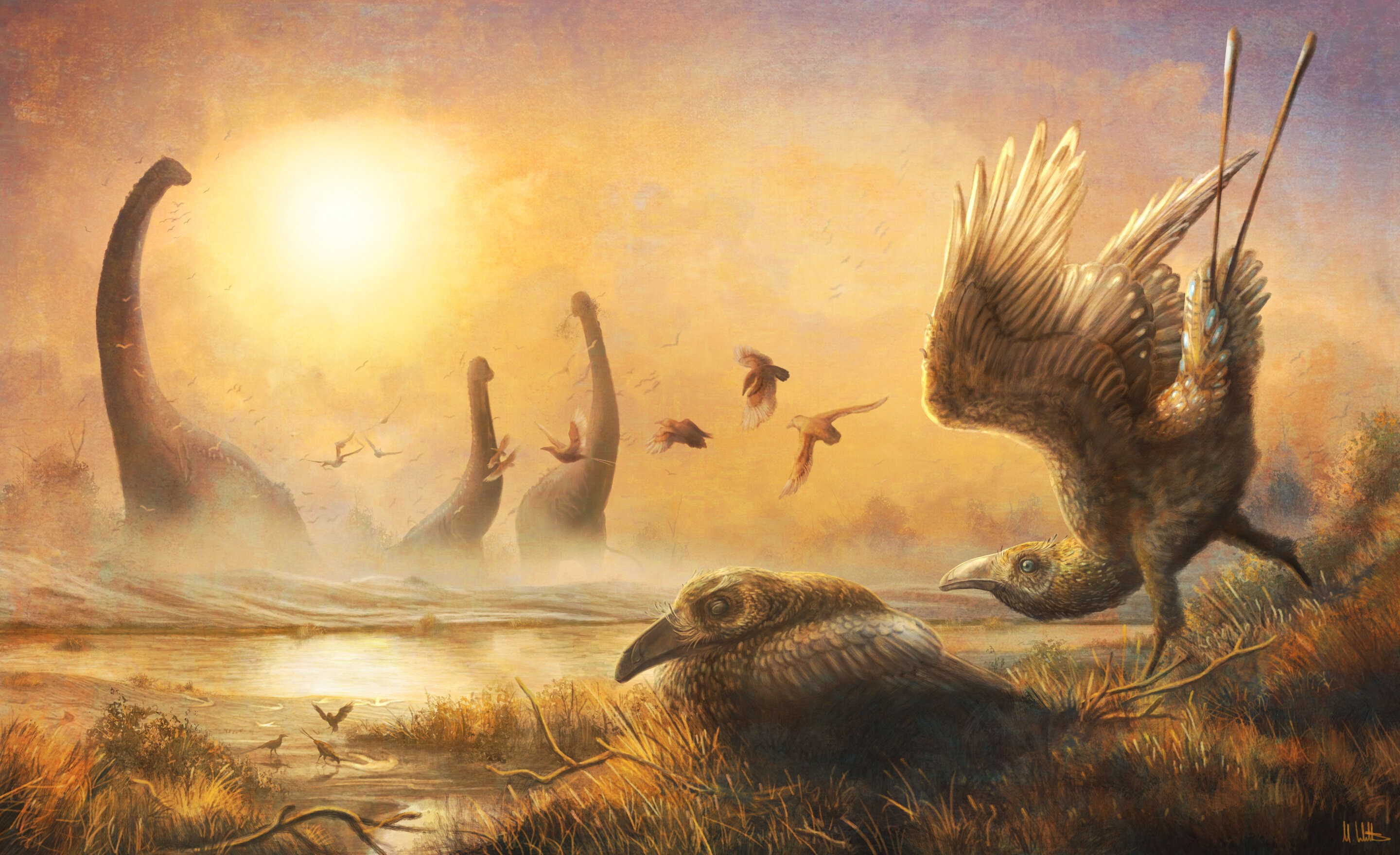 Ilustração mostra o Falcatakely em meio aos dinossauros no Cretáceo  (Foto: Mark Witton / Phys.org)