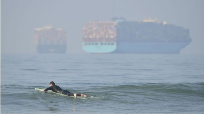 Dezenas de navios porta-contêineres estão fazendo fila para atracar em Los Angeles (Foto: Getty Images via BBC News)